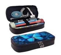KLLTYHMU Leather Pencil Case Organizer Big Capacity Pencil Pouch Storage Bag With Compartments Cute Pencil Bag Blue Beautful Butterfly Pen Box Portable Cosmetic Makeup Bag Organizer