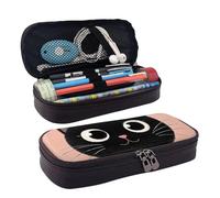 KLLTYHMU Leather Pencil Case Organizer Big Capacity Pencil Pouch Storage Bag With Compartments Cute Pencil Bag Cute Black Cat Face With Big Eyes Pen Box Portable Cosmetic Makeup Bag Organizer