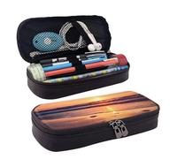 KLLTYHMU Leather Pencil Case Organizer Big Capacity Pencil Pouch Storage Bag With Compartments Cute Pencil Bag Beach And Sunset Glow Pen Box Portable Cosmetic Makeup Bag Organizer
