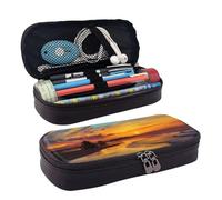 KLLTYHMU Leather Pencil Case Organizer Big Capacity Pencil Pouch Storage Bag With Compartments Cute Pencil Bag Blue Dusk Gold Sunset Pen Box Portable Cosmetic Makeup Bag Organizer