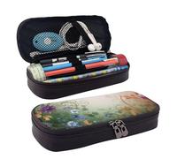 KLLTYHMU Leather Pencil Case Organizer Big Capacity Pencil Pouch Storage Bag With Compartments Cute Pencil Bag Floral Swirls Ivy Pen Box Portable Cosmetic Makeup Bag Organizer