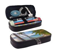 KLLTYHMU Leather Pencil Case Organizer Big Capacity Pencil Pouch Storage Bag With Compartments Cute Pencil Bag Paradise Beach Palm Trees Pen Box Portable Cosmetic Makeup Bag Organizer