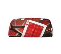 KLLTYHMU Red Background Playing Cards Leather Pencil Case Cute Zipper Pencil Pouch Pen Bag Multifunctional Travel Makeup Cosmetic Bag Key Pouch For Women Men Work Office, Gold, One Size