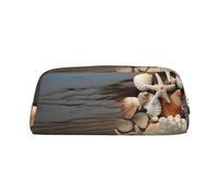 KLLTYHMU Seashells On Wooden Board Leather Pencil Case Cute Zipper Pencil Pouch Pen Bag Multifunctional Travel Makeup Cosmetic Bag Key Pouch For Women Men Work Office