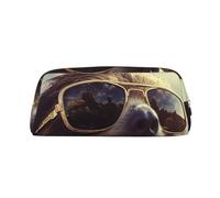 KLLTYHMU Sloth With Sunglasses Leather Pencil Case Cute Zipper Pencil Pouch Pen Bag Multifunctional Travel Makeup Cosmetic Bag Key Pouch For Women Men Work Office, Gold, One Size