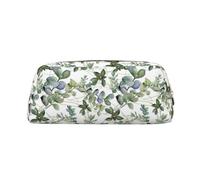 KLMELLMDE Leather Zip Green Eucalyptus Leaves Pen Case, Large Capacity Pen Case, School and Office Supplies Stationery Bag, Cosmetic Bag, Coin Purse