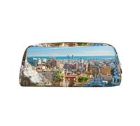 KLMELLMDE Leather Zip Spain Water City Pen Case, Large Capacity Pen Case, School and Office Supplies Stationery Bag, Cosmetic Bag, Coin Purse