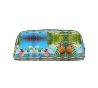 KLMELLMDE Leather Zip Tropical Beach Drink Pen Case, Large Capacity Pen Case, School and Office Supplies Stationery Bag, Cosmetic Bag, Coin Purse