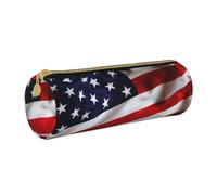 KLMELLMDE Round Zipped Leather Pencil American Flag Case for School Students, Art Pencil Case, Office Pencil Case