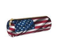 KLMELLMDE Round Zipped Leather Pencil American Flag Case for School Students, Art Pencil Case, Office Pencil Case