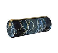 KLMELLMDE Round Zipped Leather Pencil Blue and Gold Jellyfish Case for School Students, Art Pencil Case, Office Pencil Case