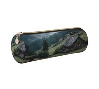 KLMELLMDE Round Zipped Leather Pencil Charming Mountain Cottages in The Austrian Alps1 Case for School Students, Art Pencil Case, Office Pencil Case