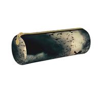 KLMELLMDE Round Zipped Leather Pencil Night Crow Case for School Students, Art Pencil Case, Office Pencil Case