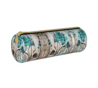 KLMELLMDE Round Zipped Leather Pencil Teal Flower On Wooden Plank Case for School Students, Art Pencil Case, Office Pencil Case