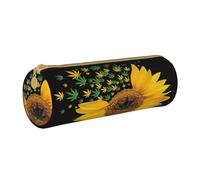 KLMELLMDE Round Zipped Leather Pencil Weed with Sunflower Case for School Students, Art Pencil Case, Office Pencil Case
