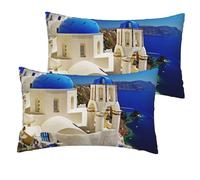KLMELLMDE Two Piece Santorini Greek Island Sea View Pillowcase Set 30x50cm, Holiday Pillow Cushion Cover, Suit For Indoor And Outdoor Use.