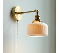 Klobvtt Brass Wall Mount Light Bedside Reading Sconce White Ceramic Wall Lamp with Pull Cord Switch, Vanity Wall Sconces Lighting Fixture Bedroom Headboard Lamps E27 Wall Lights