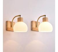 Klobvtt Nordic Wood Wall Sconces Set of 2, White Milk Glass Wall Lamp Adjustable Wall Mount Reading Light, 180° Rotation Bedroom Bedside Read Lighting Fixture Wooden Sconces for Living Room