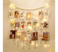 KLOGTSIND Macrame Hanging Photo Display Boho Wall Decor, Picture Christmas Card Holder with String Lights, Photo Hanger with 50 Clips for Room, Dorm, Nursery, Home Decor, Teenage Teen Girl Gifts