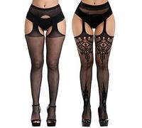 KLONKEE Women Suspender Tights Fishnet Patterned Pantyhose Thigh High Mesh Garter Stocking(Black 0811)