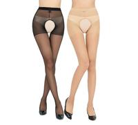 KLONKEE Women's Sheer Thigh High Tights, 12 Denier Silky Pantyhose, Lace Top Hold Ups, Stretch Hosiery Stockings(503,Black,Nude)