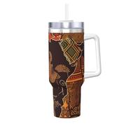 KLOPH 40 Oz Tumbler with Handle And Straw Insulated Water Bottle Reusable African Map Ethnic Pattern Tumbler Leakproof Stainless Steel Cup Holder Friendly Coffee Cup for Women Men Travel Mug Car Cup