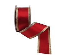 KLTRIBBON Red Wired Satin Ribbon Double Sided with Gold Lame Edges,1.5 Inch X 10 Yards