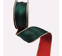 KLTRIBBON Wired Satin Ribbon Red Green with Gold Lurex Edges for Christmas,Gift Wrapping,Wreaths,Home Decor,1-1/2 Inch X 10 Yards