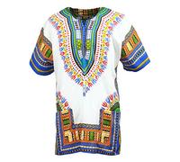 KlubKool Dashiki Shirt Tribal African Caftan Boho Unisex Top Shirt, White/Light Blue, XXL