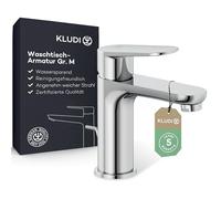 KLUDI -X1 Washbasin tap with Draw Rod Drain, spout Height 95 mm, Water-Saving Bathroom tap Size M, Ceramic Insert, Mixer tap for washbasin in onnection Hoses in Chrome
