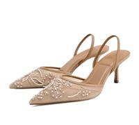 Kluolandi Women's Embroidered Slingback Kitten Heels with Pearls Breathable Mesh Pointed Toe Pumps Low Heel Slip On Dress Shoes, Nude, 7 UK