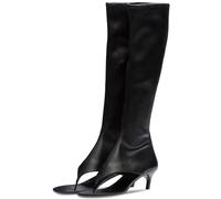 Kluolandi Women's Thong Style Open Toe Knee High Boots with Zipper Stretch Kitten Low Heel Tall Sandal Boots, Black, 7 UK