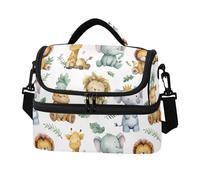 KLUVIO Cute Giraffes Elephants Lions Lunch Bag Reusable Insulated Leakproof Lunchbox Two Layer Lunch Cooler Bag with Detachable Strap for Work School Picnic