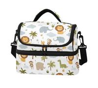 KLUVIO Cute Lions Elephants Monkeys Lunch Bag Reusable Insulated Leakproof Lunchbox Two Layer Lunch Cooler Bag with Detachable Strap for Work School Picnic