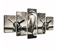 KLVOS - 5 Pieces Vintage Wall Decor Painting Retro Airplane on the Runway Premium Quality Canvas Printed Wall Art Poster with Wooden Frame for Living Room Ready to Hang 32"x60" in total