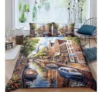 KLVWXZRYQ 3D Print Skin Friendly Microfibre Canal scene Bedding Quilt Cover Breathable Bedding Set with Pillowcases Dutch town style Bed Quilt Cover All Season for Bedroom Decor King（220x240cm）