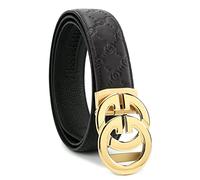 KLWINO Men's Luxury Design Soft Leather Belt with Automatic Buckle Ratchet Dress Belt, Adjustable Length, Embossing-black Gold, 20-44W