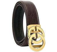 KLWINO Men's Luxury Design Soft Leather Belt with Automatic Buckle Ratchet Dress Belt, Adjustable Length, Coffee Gold, 20-44W