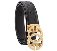 KLWINO Men's Personalized Embossed Leather Belt with Automatic Buckle Ratchet Dress Belt, Adjustable Length, Black Gold, 20-44W