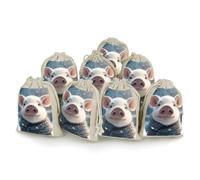 KLWQR 8 Pack Cotton Drawstring Bags, Reusable Linen Gift Bags 4.9x6.7 Inches Storage Bag Cute Piggy in The Snow Gift Pouches Sachet for Jewelry Party Favors Wrapping DIY Christmas Gifts Candy Bags
