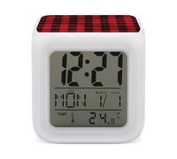 KLWQR Digital LED Color Change Alarm Clock, Red Black Buffalo Check Plaid Pattern Wake-up Clock with Temperature, Home Decor Alarm Clock with Night Light for Home Bedroom Office