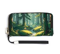 KLWQR Leather Wallets Waterproof Zip Around Clutch Bag Enchanted Wilderness Fantasy on Dark Green Credit Card Holder Clutch Purse for Women Ladies
