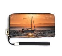 KLWQR Leather Wallets Waterproof Zip Around Clutch Bag Sunset Seascape Sailboat Floating Credit Card Holder Clutch Purse for Women Ladies