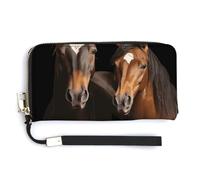 KLWQR Leather Wallets Waterproof Zip Around Clutch Bag Two Horses Standing on Black Background Credit Card Holder Clutch Purse for Women Ladies