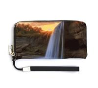 KLWQR Leather Wallets Waterproof Zip Around Clutch Bag Waterfall at Sunset Credit Card Holder Clutch Purse for Women Ladies