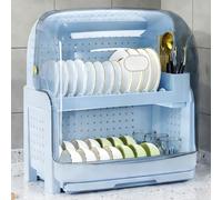 KLWQR Over the Sink Dish Drying Rack 2-Tier Plastic, Dish Drainers for Kitchen Counter with a Transparent Flip Cover, Partitioned Storage(Blue)