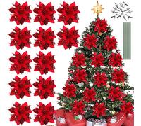 KLYNGTSK 12PCS Christmas Glitter Poinsettia Flowers Poinsettia Artificial Flowers Glitter Xmas Tree Poinsettias Red Christmas Tree Flowers with 12pcs Stems And Clips for Xmas Wreath Decor （14cm/5.51"）
