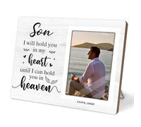 KLYTINK Memorial Photo Frame, Sympathy Gifts for Loss of Son, in My Heart, in Loving Memory Wooden Picture Frame, Bereavement Remembrance Funeral Passed AWay Condolence Gifts (White-Son, 4 x 6 Photo)