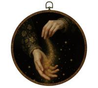 KLYTINK We Are All Stardust,Romantic Academia Round Wall Art,Celestial Hands Canvas Print with Star Dust, Gothic Dark Vintage Hanging Decor for Bedroom or Study 10''x10''(Golden sand)