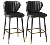 KLZUOPT Bar Stool High Chair Set of 2, Modern Kitchen Office Reception Barstool with Gold Footrest, Oil-waxed Leather Seat Back & Square Frames(Size:75 cm,Color:Black)